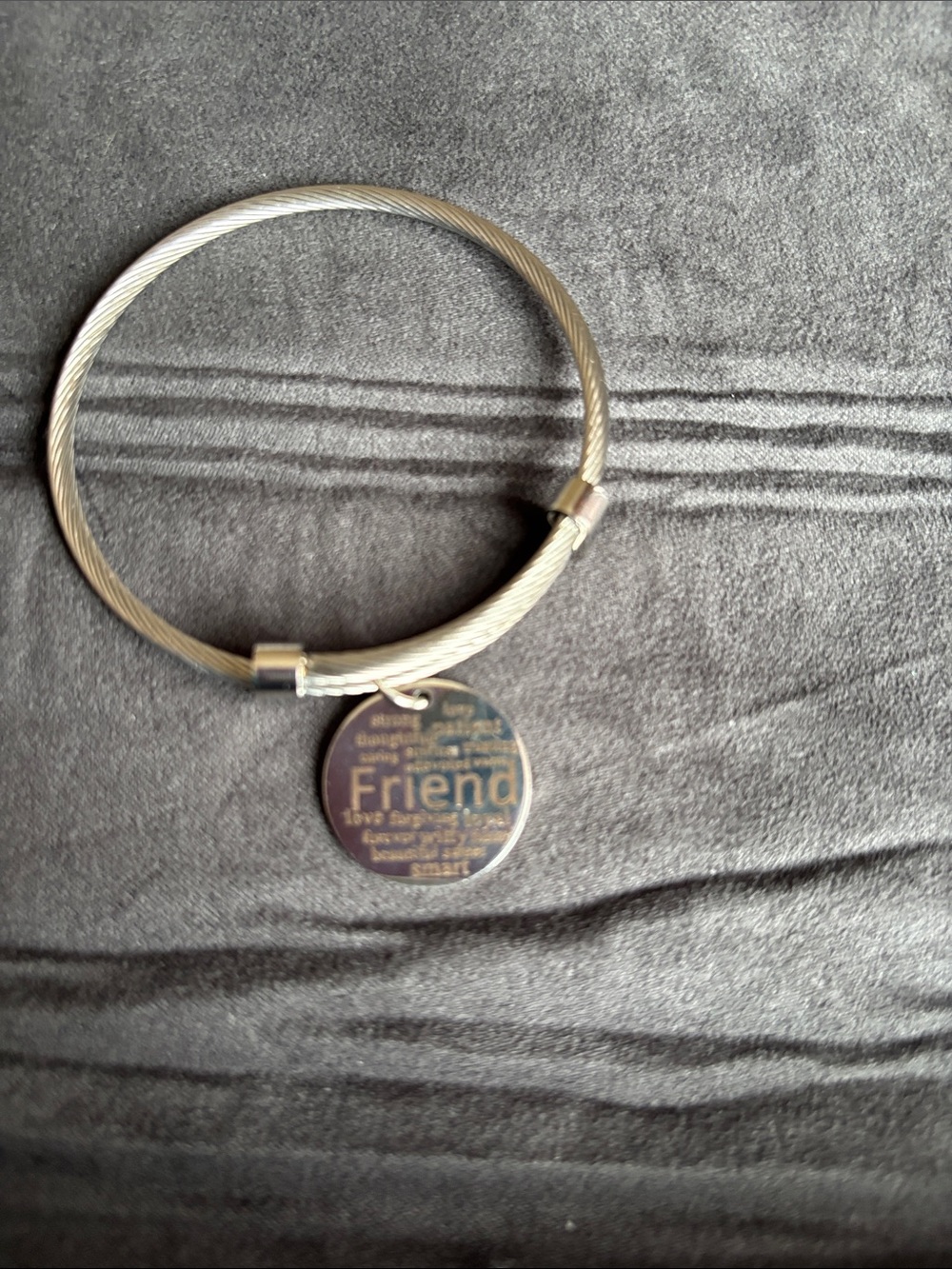 Friend Charm Silver Cable Bangle Bracelet